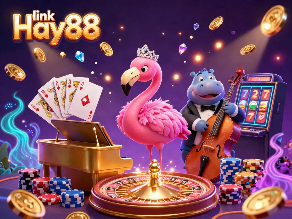Experience excitement with link Hay88 as animated flamingo and hippo perform in a vibrant casino scene.