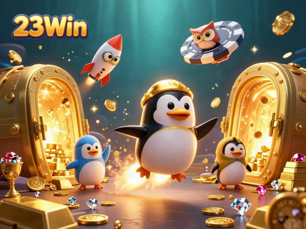 Experience thrilling wins with 23Win as a golden penguin rockets through a vibrant casino universe.