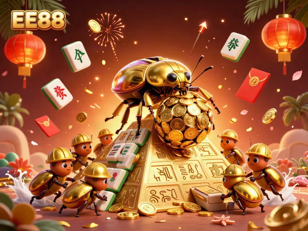 Experience thrilling gaming with EE88 amidst golden coins and vibrant symbols in a dynamic casino scene.