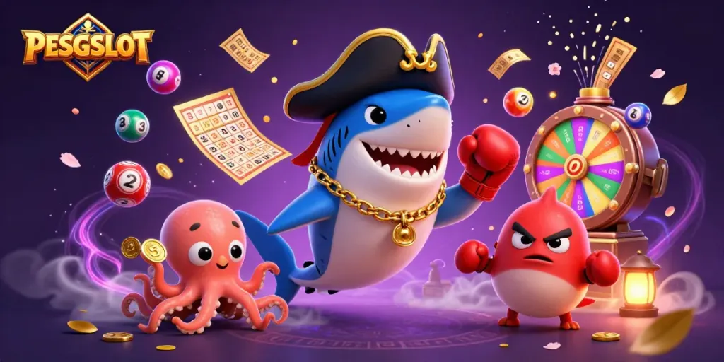 PESGSLOT menghadirkan ilustrasi 3D kartun dengan hiu bajak laut dan teman-teman sambil menggenggam koin emas.