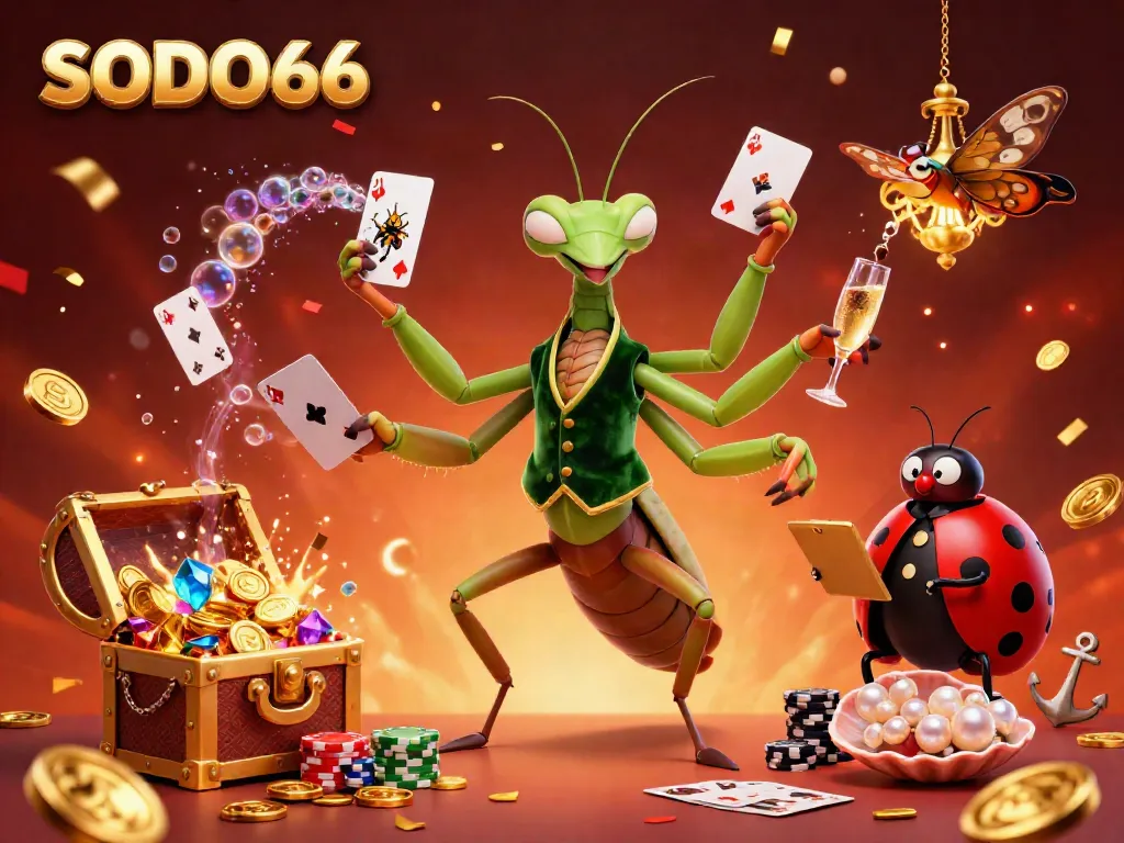 SODO66 brings excitement alive with a vibrant casino scene illustrated in 3D, showcasing a giant mantis card sharp and ladybug pit boss.