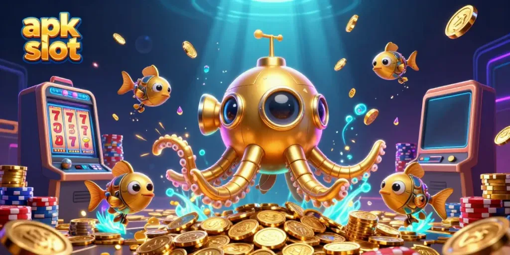 Spin the reels in an immersive apk slot scene with a golden kraken and sparkling gems.