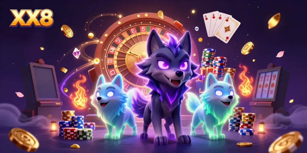 Engage in thrilling casino action at XX8 with a dynamic scene of cartoon wolves, coins, and cards.