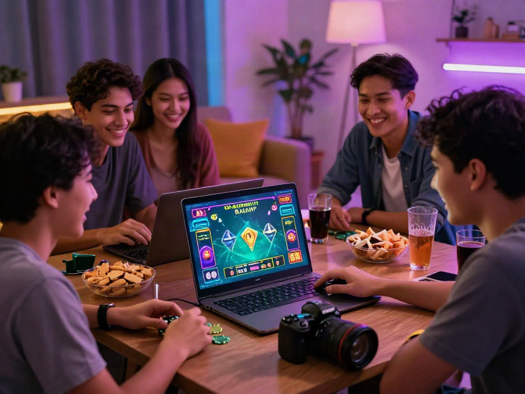 A lively gathering of friends experiencing kebuntoto online gaming in a cozy living room.