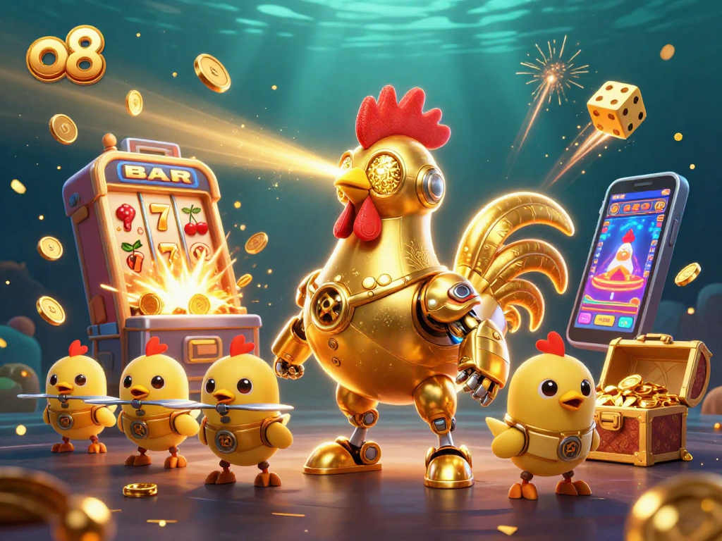Experience the excitement at O8 with a golden rooster robot and jackpots exploding in vibrant colors.
