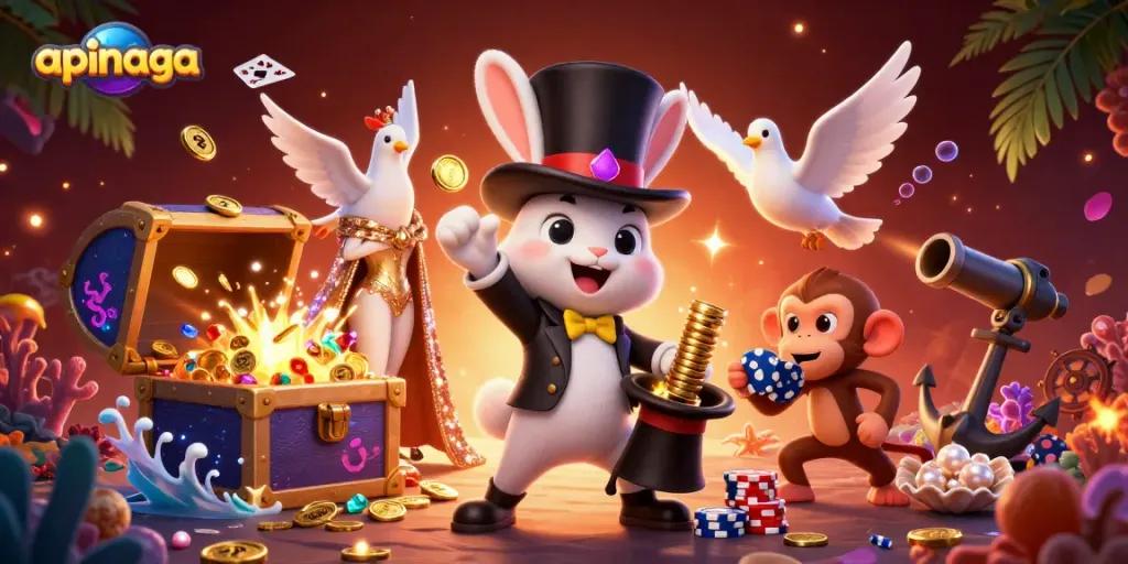 Engage in thrilling gaming action at apinaga with cartoon magician rabbit and poker chips.