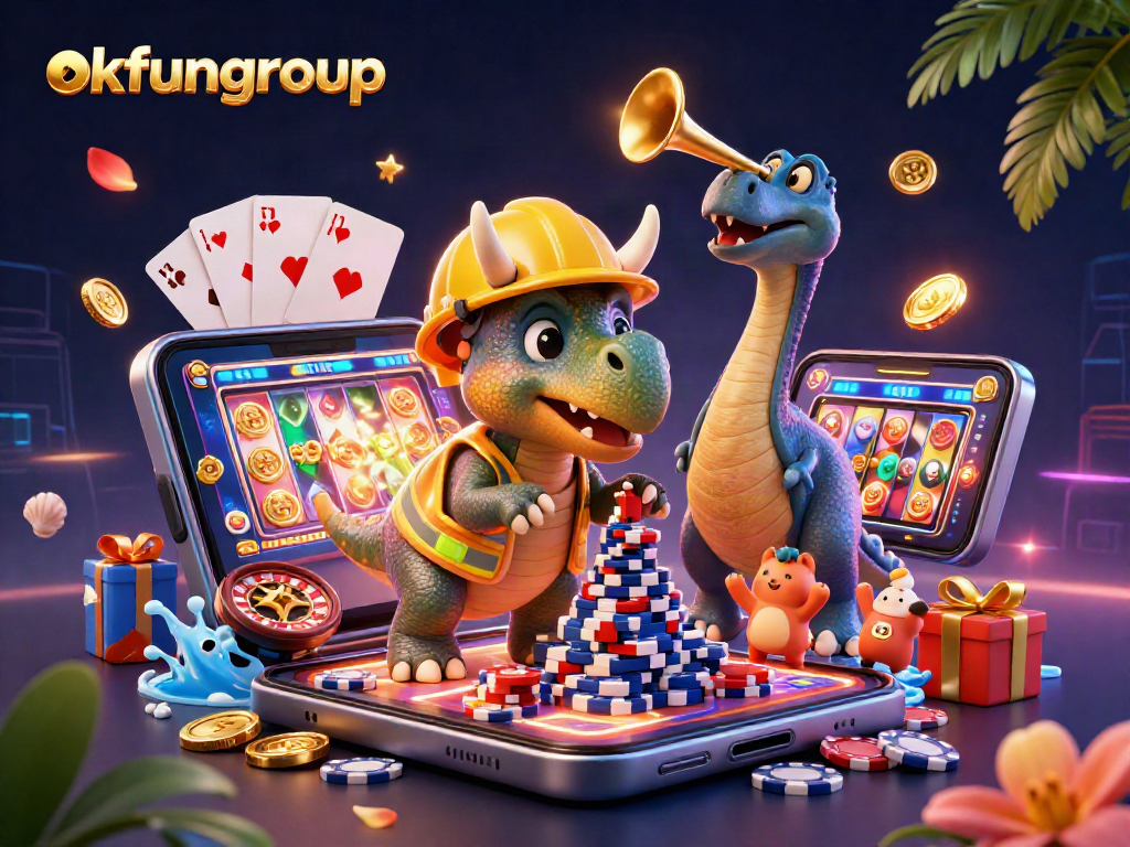 Join the fun at okfungroup with vibrant casino characters celebrating wins and dynamic gaming elements.