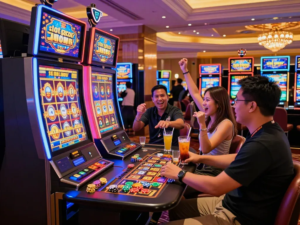 Excited players at a casino celebrating a slot gacor win with colorful decor and drinks.