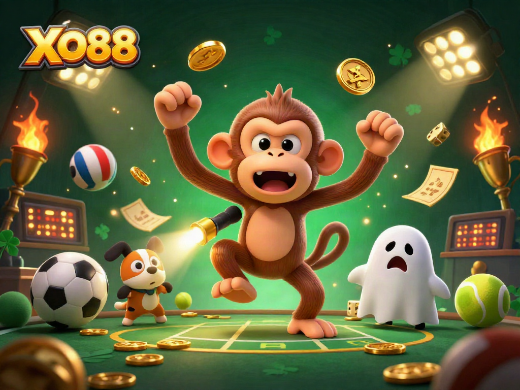 Engage with thrilling gaming moments at XO88, featuring dynamic sports elements and a curious ghost-hunter.
