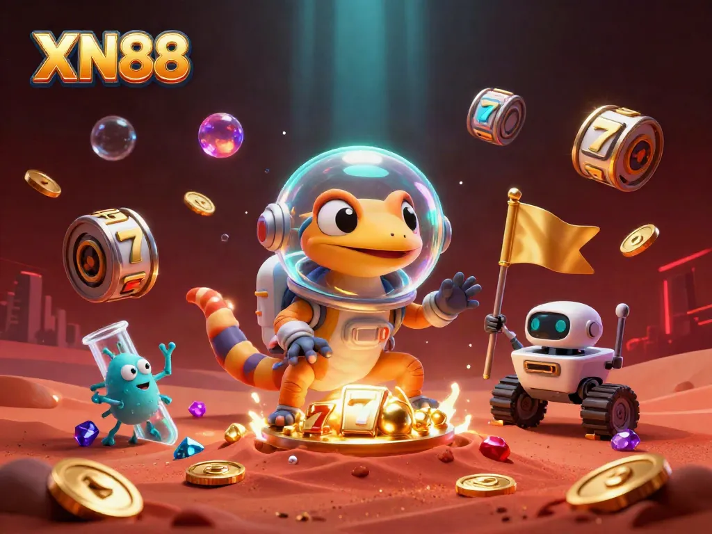 Experience exhilarating wins at XN88 with a dynamic 3D illustration of a Martian gecko discovering a golden casino.