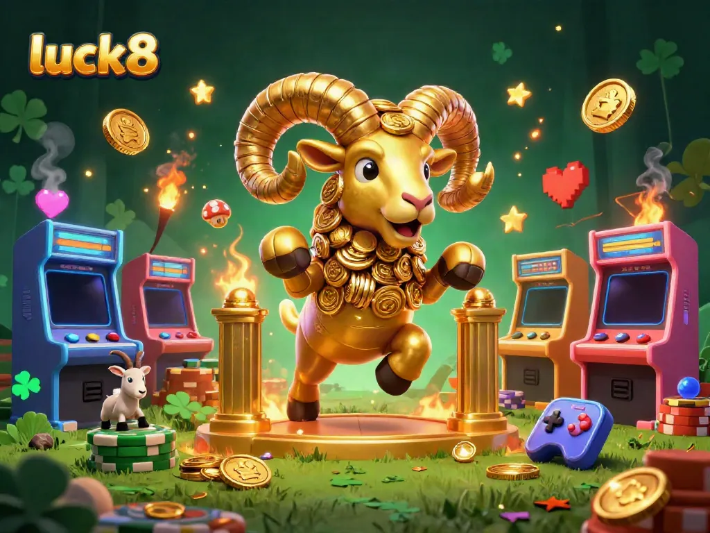 Experience thrilling luck8 gameplay with a dynamic illustration of a golden ram at a vibrant casino gate.