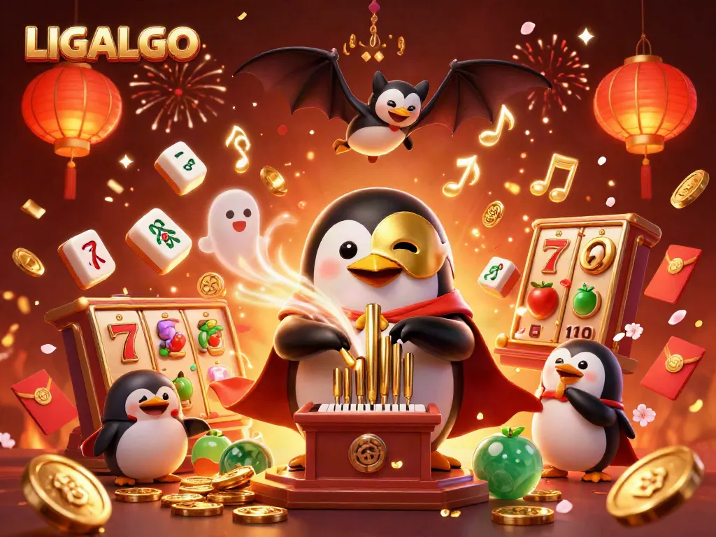 LIGALGO entertains with a lively 3D casino scene featuring a penguin organist and festive decorations.