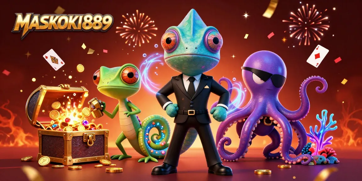 Experience the excitement at MASKOKI889 with a dynamic casino scene featuring fantasy characters and vibrant elements.