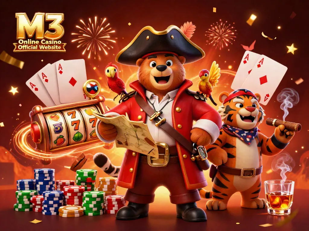 M3 Online Casino Official Website: Engaging illustration of a dynamic pirate theme casino scene with gambling elements.