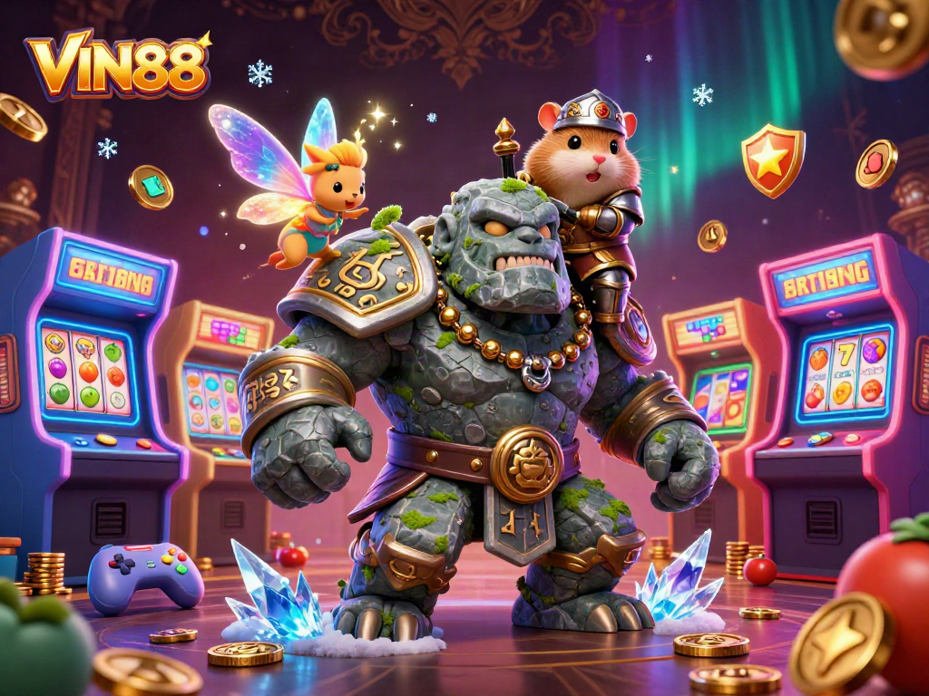 Experience thrilling gameplay with VIN88, featuring a golem guardian amidst vibrant casino elements.