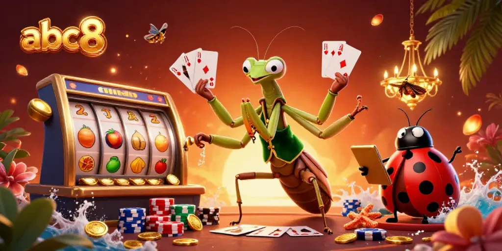 Experience thrilling slot action with abc8 in this vibrant casino scene featuring unique characters and gold coins.