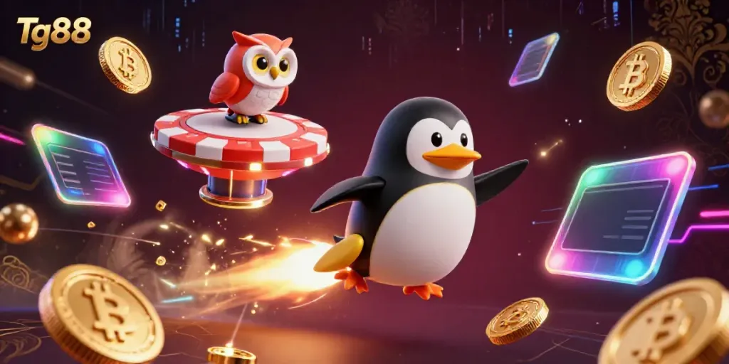 Experience thrilling adventures with Tg88's online casino, featuring a golden penguin and vibrant crypto coins.