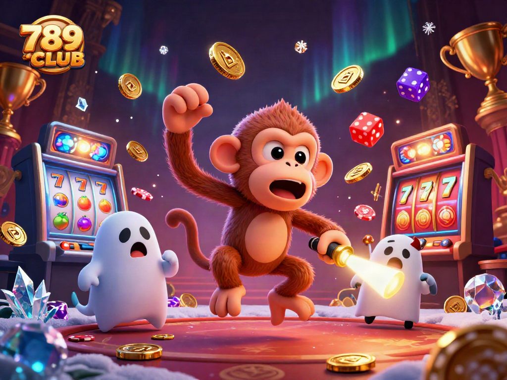 Experience thrilling gameplay at 789CLUB with wild reels, trophy cups, and a ghostly puppy chasing excitement.