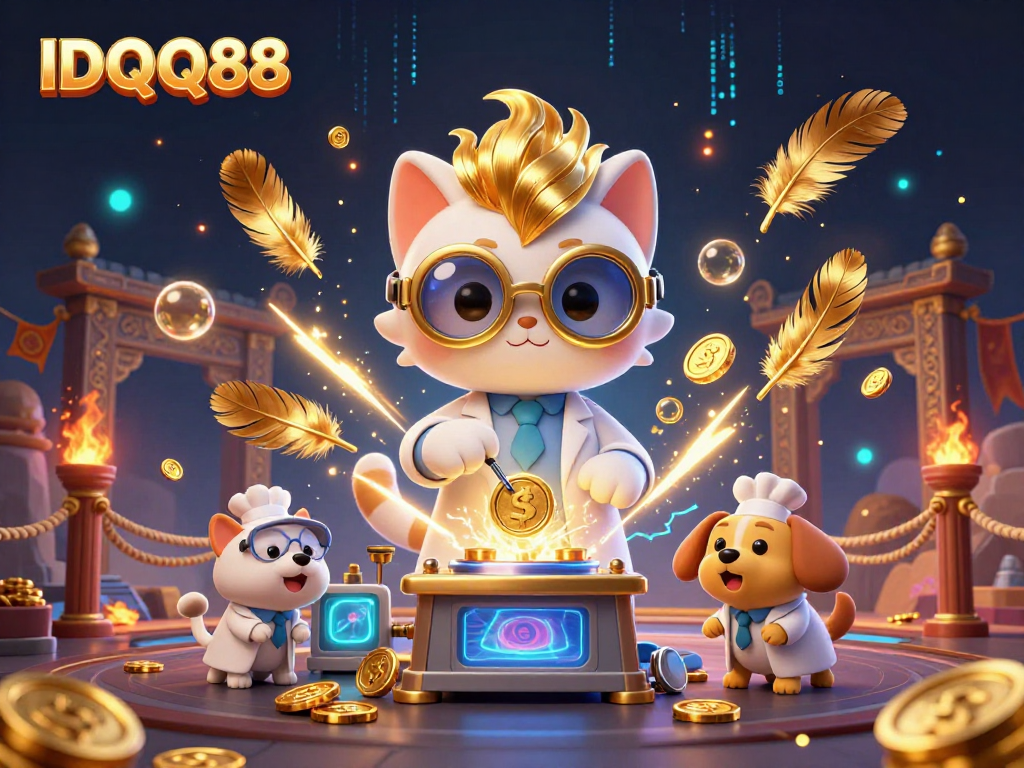 IDQQ88 showcases an energetic scene featuring a mad scientist cat and assistant dog amidst vibrant gambling-themed elements.