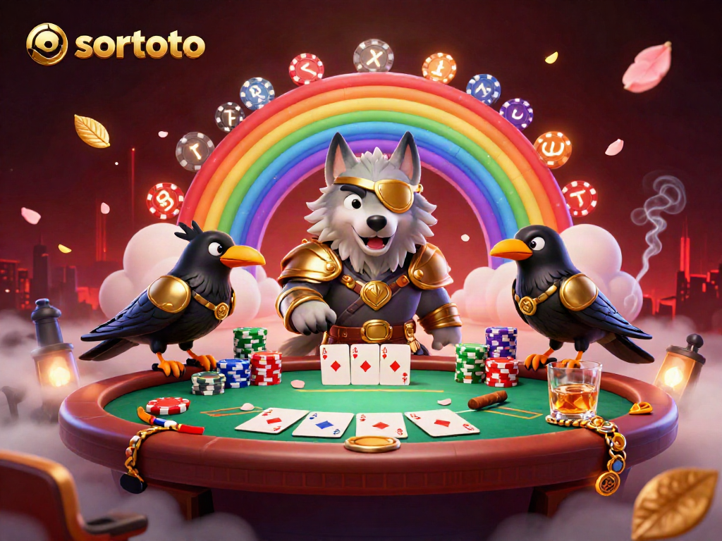 Bermain poker di sortoto dengan karakter Odin dan dua raven di latar casino yang megah.