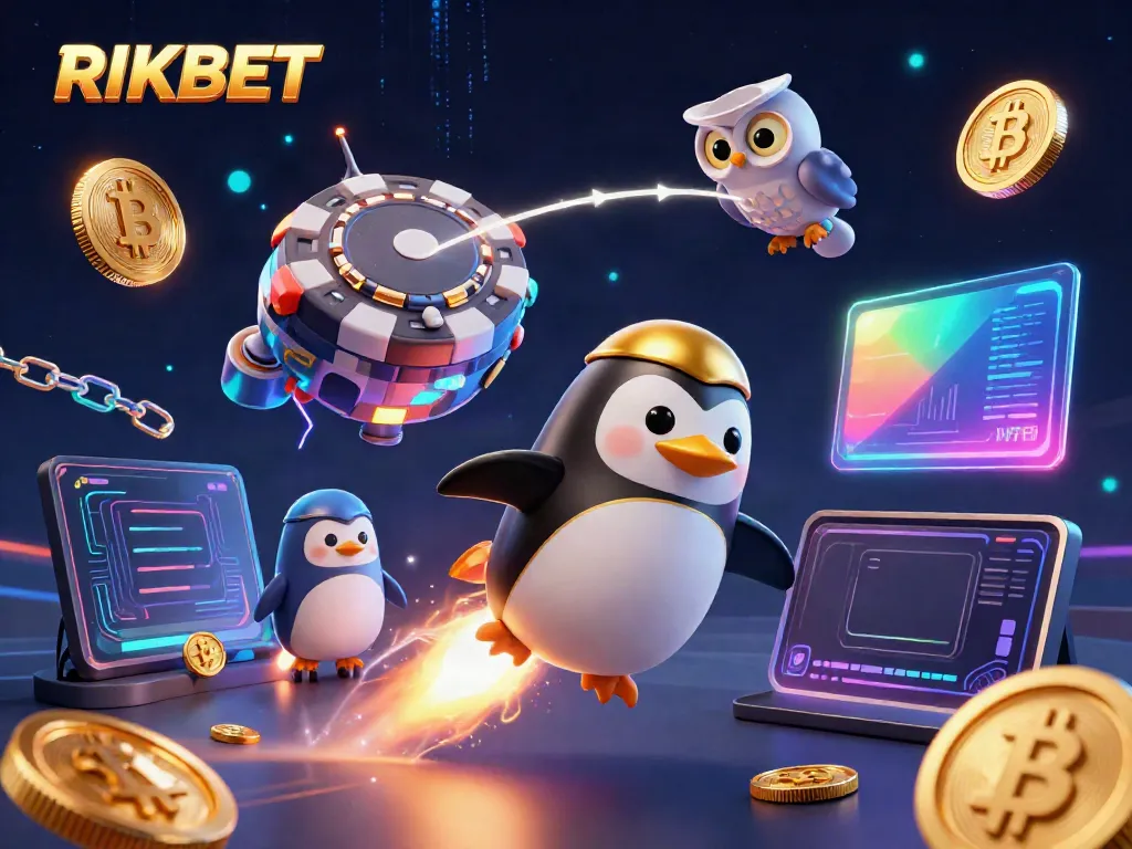 Experience the thrilling journey of RIKBET with a rocket-powered penguin soaring towards a vibrant casino space.