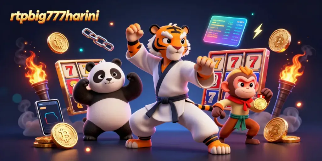 Experience exciting wins at rtpbig777hariini with a vibrant illustration featuring a kung fu tiger amidst dynamic gambling elements.