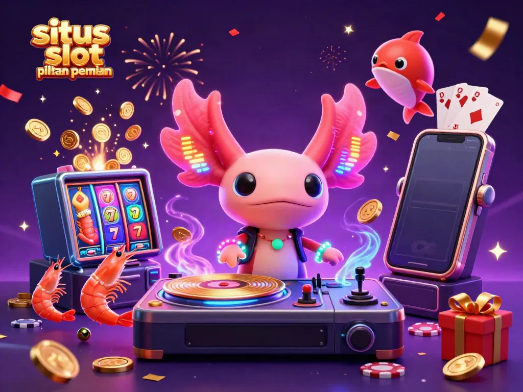 Melihat situs slot pilihan pemain dengan DJ axolotl neon dan permainan slot berwarna yang penuh aksen.