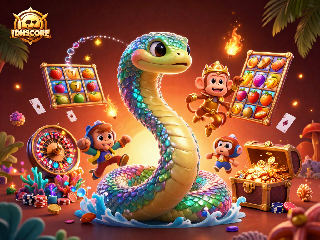 Experience thrilling gaming with IDNSCORE's lively depiction of colorful slot reels and casino elements.