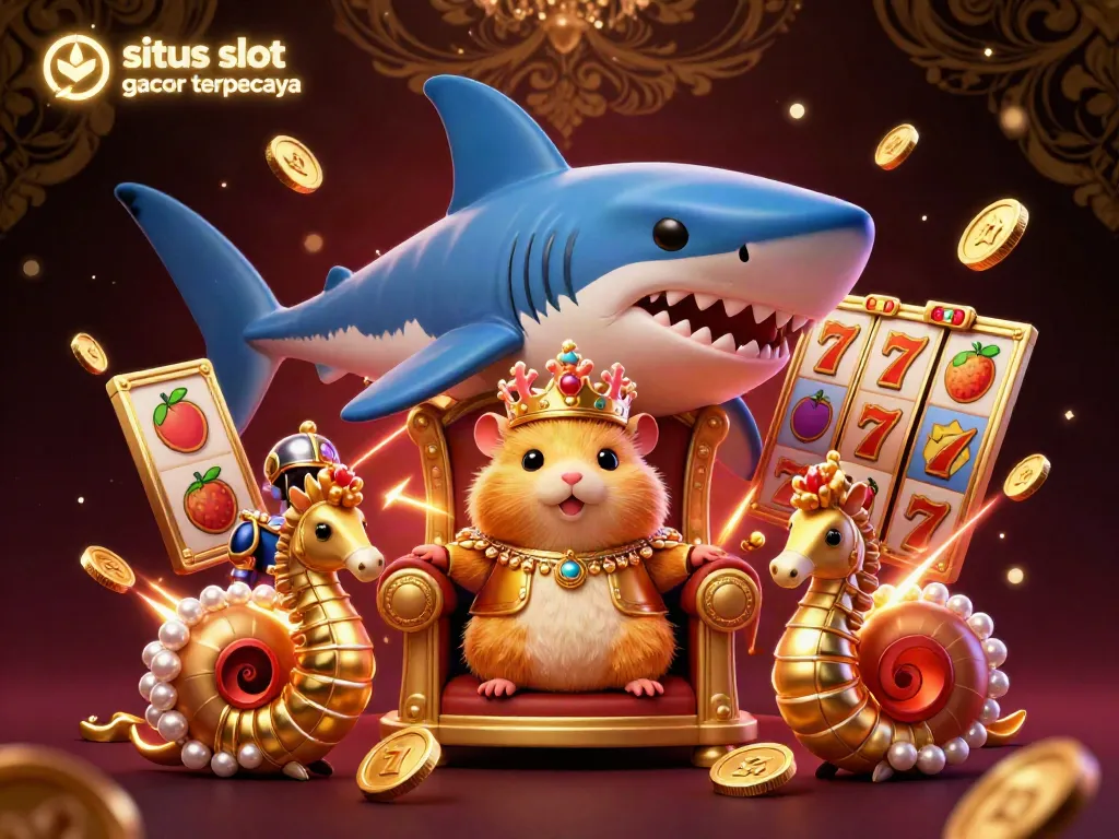 Experience thrilling gameplay with situs slot gacor terpercaya, featuring a golden hamster king and dynamic slot reels in a vibrant 3D illustration.