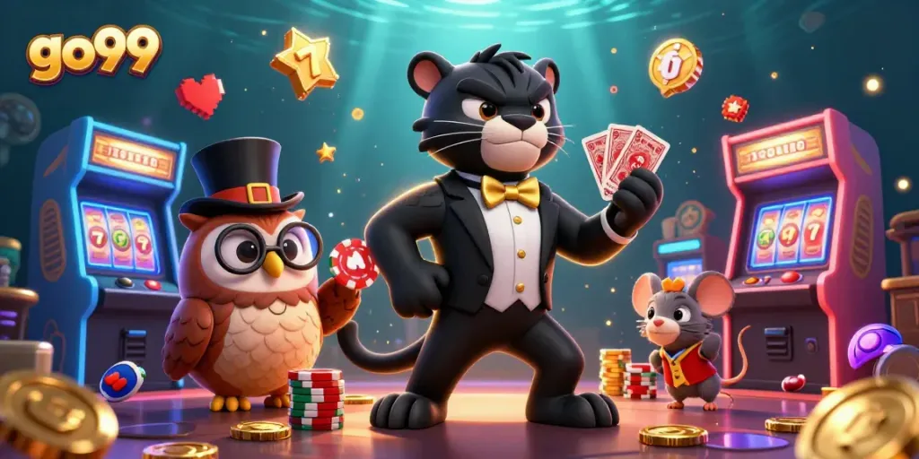 Engage in exciting gaming action at GO99 with colorful characters and vibrant casino elements.