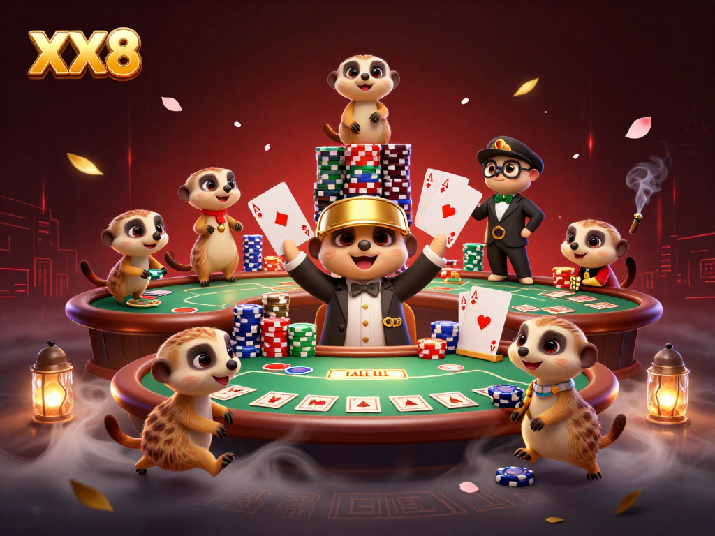 Experience exciting gameplay at XX8 with a lively meerkat casino scene showcasing poker action.