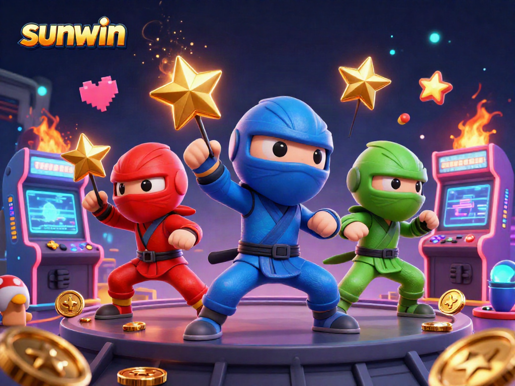 Experience sunwin with colorful chameleon ninjas showcasing martial arts amidst arcade machines.