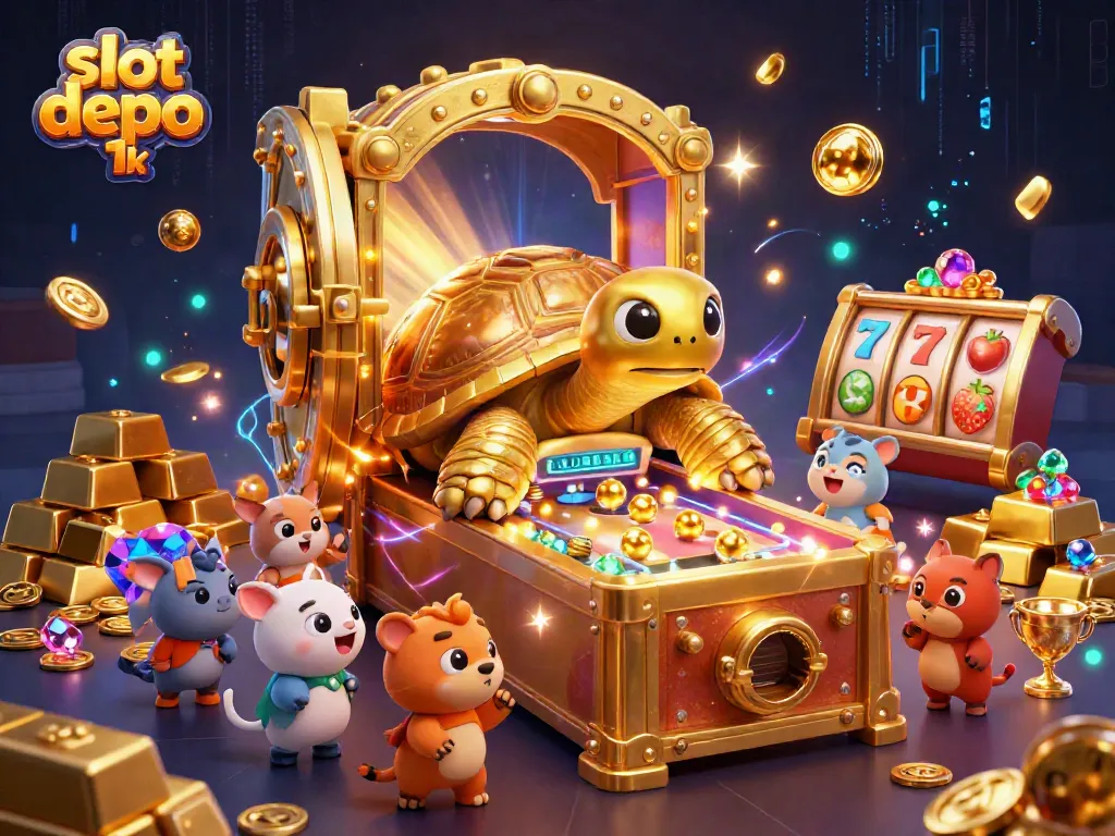 Engage with an exciting scene featuring the slot depo 1k, where animated characters play on a whimsical giant golden tortoise pinball machine.
