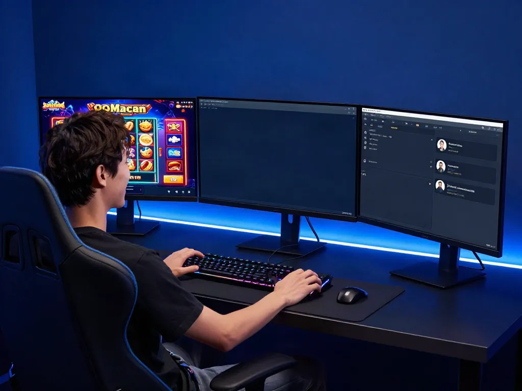 Engaged user on QQMacan gaming platform with colorful game interface and dual monitors.