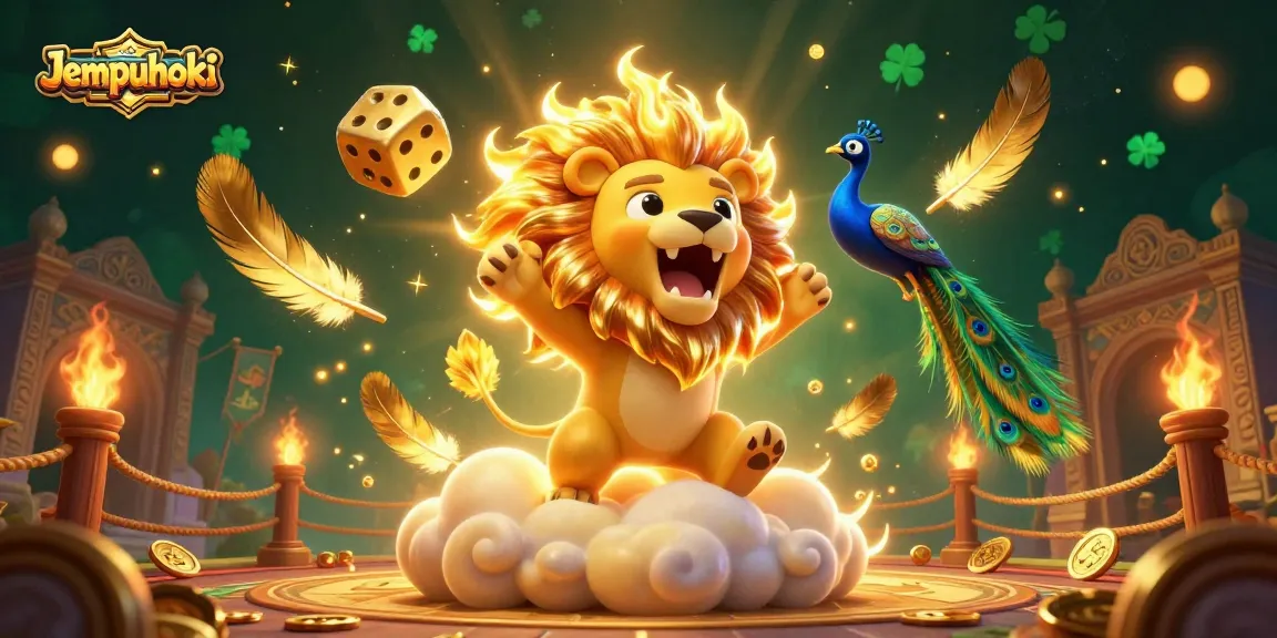 Engage with Jemputhoki's thrilling gaming universe illustrated by a lion, golden dice, and a peacock.
