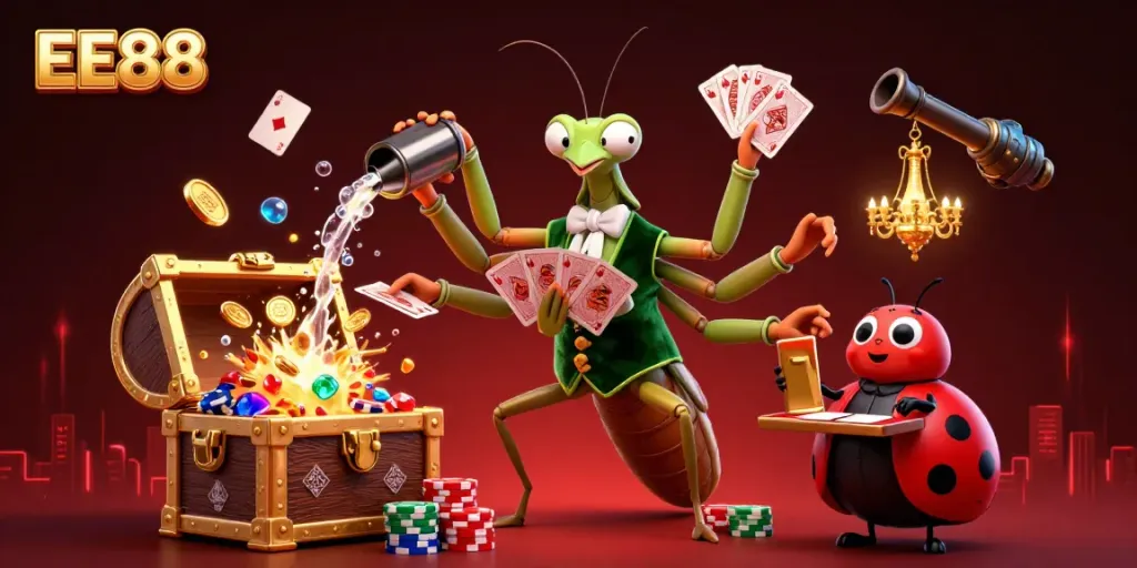 EE88 card sharp engaging players in an exciting casino scene with vibrant color bursts and dynamic game elements.