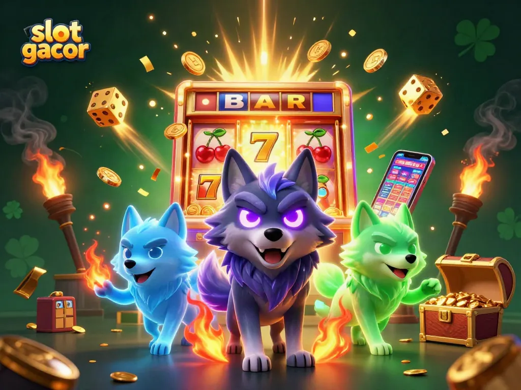 Spin the slot gacor with winning symbols, treasures, and ghostly wolves in a colorful casino scene.