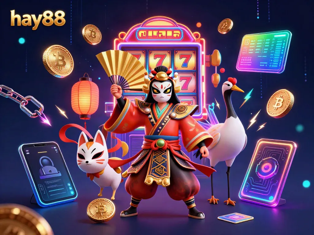 Experience the vibrant gaming world of hay88 with energetic characters amidst a dynamic casino backdrop.
