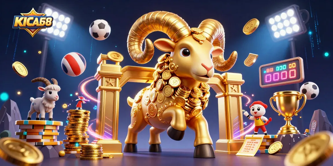 KICAU678 showcases a vibrant 3D illustration of a golden ram amidst dynamic sports elements, symbolizing excitement in gambling.