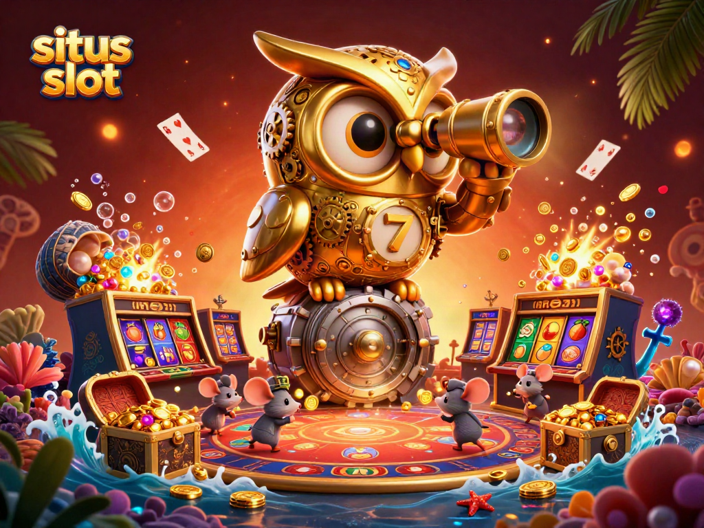 Engage in situs slot gameplay with a dynamic 3D casino scene featuring a golden owl and vibrant slot machines.
