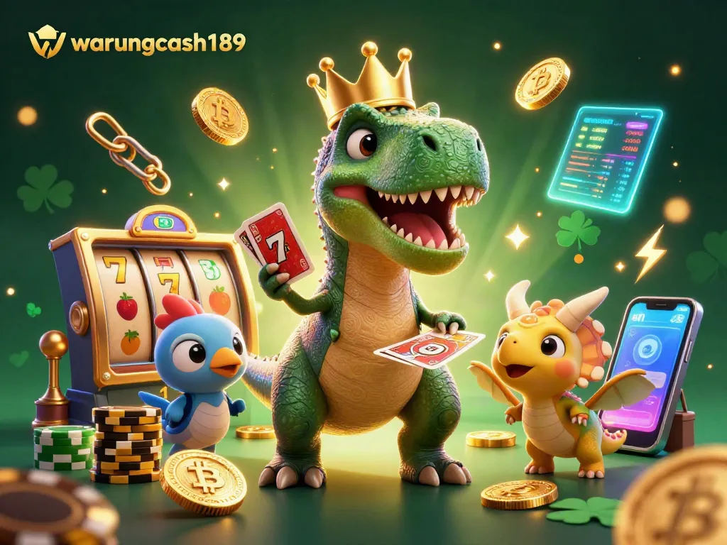 Engage with warungcash189's gaming features in this vibrant casino illustration packed with characters and slot elements.