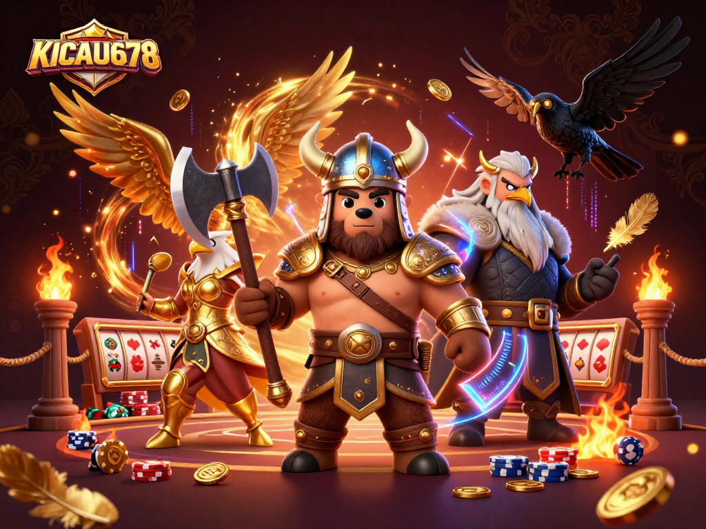 KICAU678 showcases an epic casino adventure scene featuring a Viking bear and Valkyrie eagle amidst slots and gold coins.