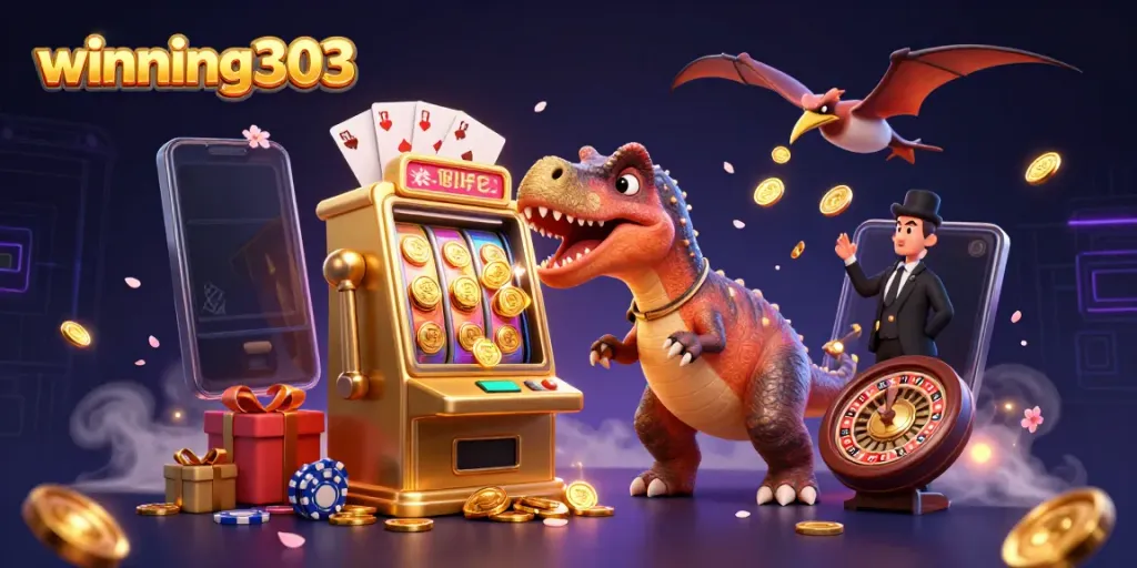 Experience excitement as winning303 slots come alive with golden coins and animated dinosaurs.
