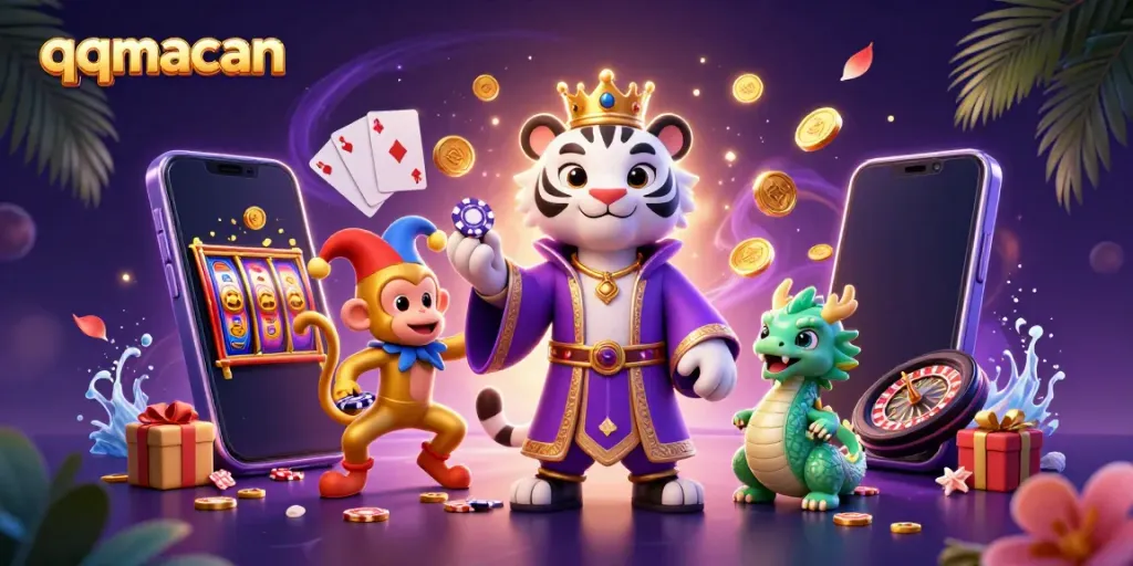 Experience engaging slot games at qqmacan with an elegant scene of characters playing and winning.