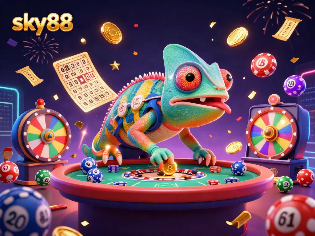 Experience the vibrant world of sky88 online casino with a lively chameleon, games, and excitement.