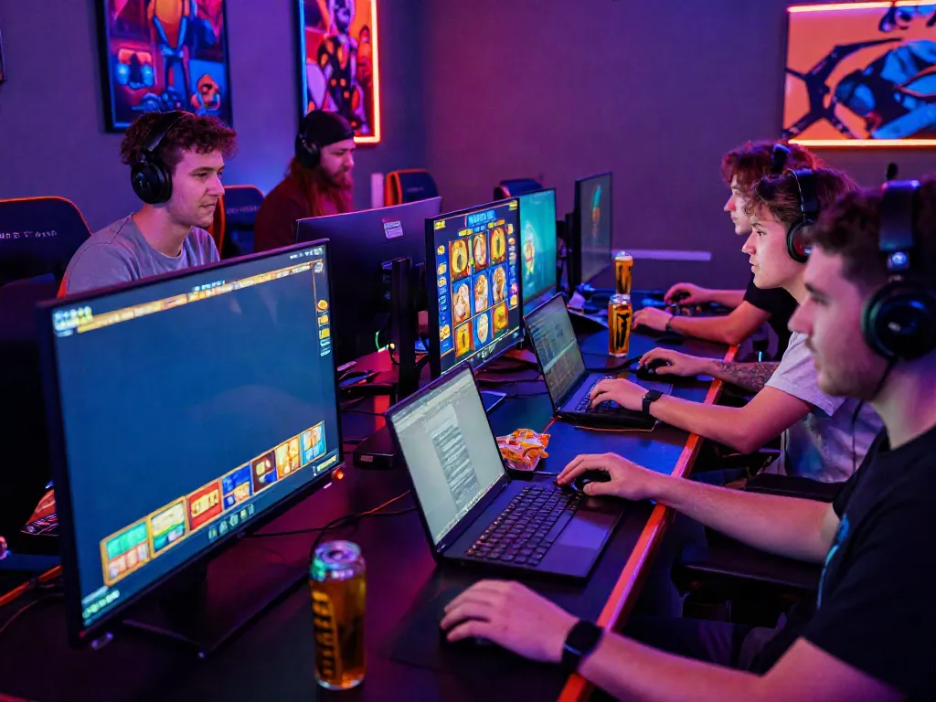 Group of friends enjoying akunjp online slot games in a vibrant gaming space.