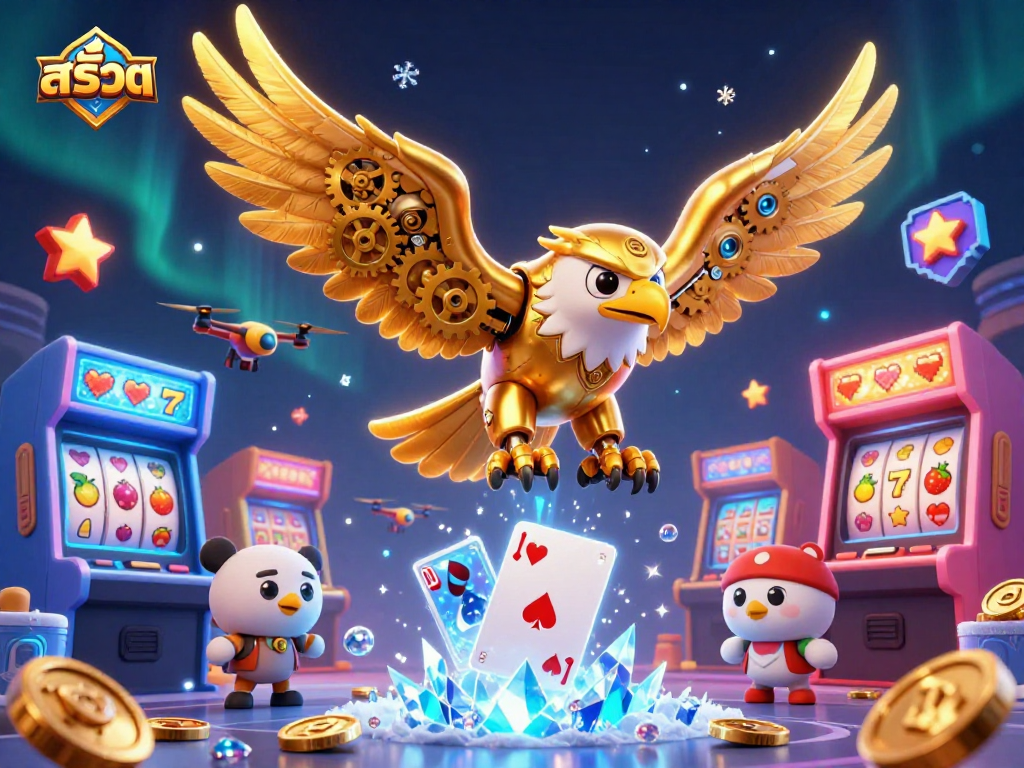 Engage in thrilling สล็อต gameplay with a cybernetic eagle and arcade elements in vibrant casino art.