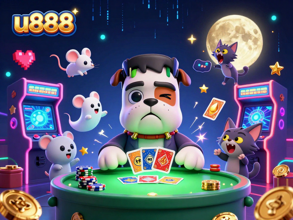u888 card dealing scene with a Frankenstein bulldog, ghost mouse, and a howling werewolf kitten