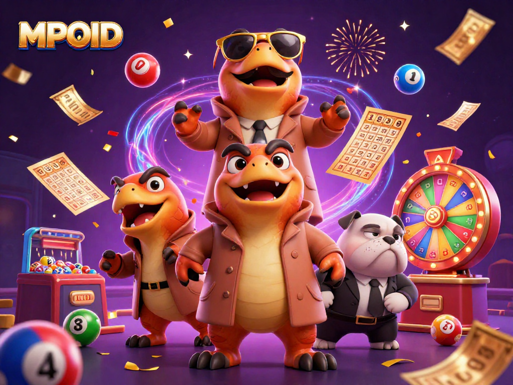 MPOID raptors sneaking into a casino lounge amid colorful lottery elements.