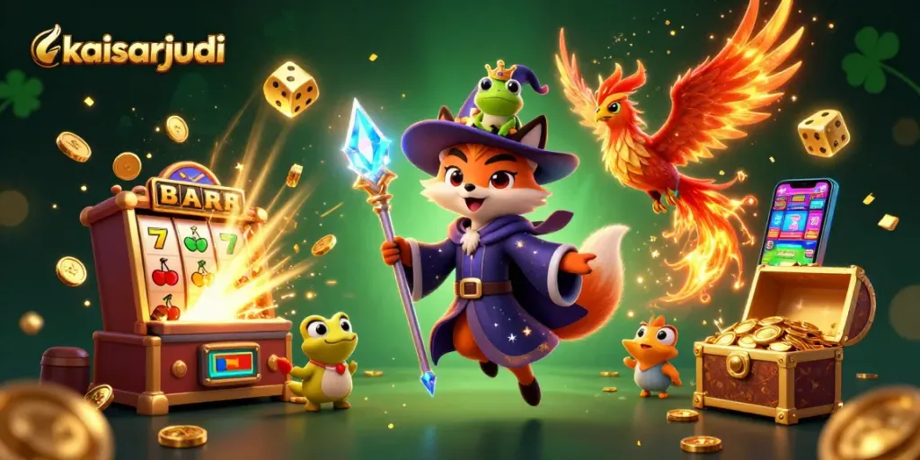 Kaisarjudi's mystical fox wizard and phoenix ignite excitement with a vibrant casino scene.
